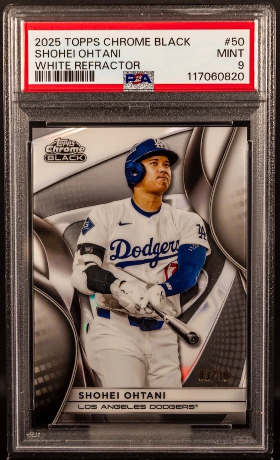2025 Topps Chrome Black Shohei Ohtani White Refractor PSA 9 #50 /10