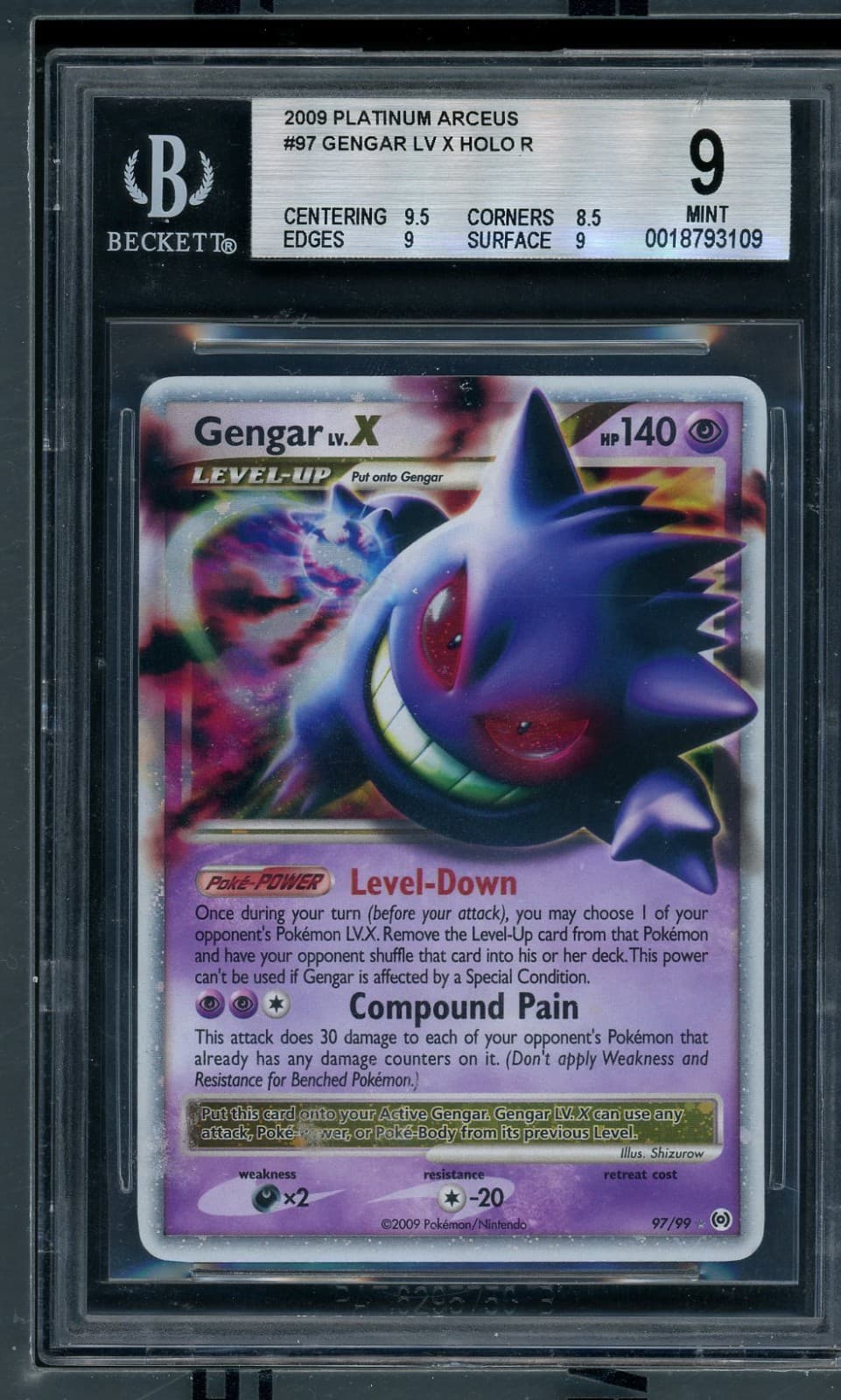 2009 Pokemon Platinum Arceus #97 Gengar LV X Holo R BGS 9 *Scratch