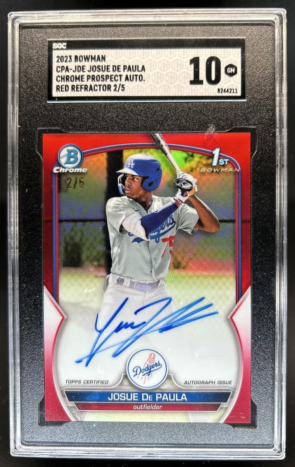 2023 Bowman Josue De Paula Chrome Auto Red Refractor 1st #/5 Dodgers SGC 10
