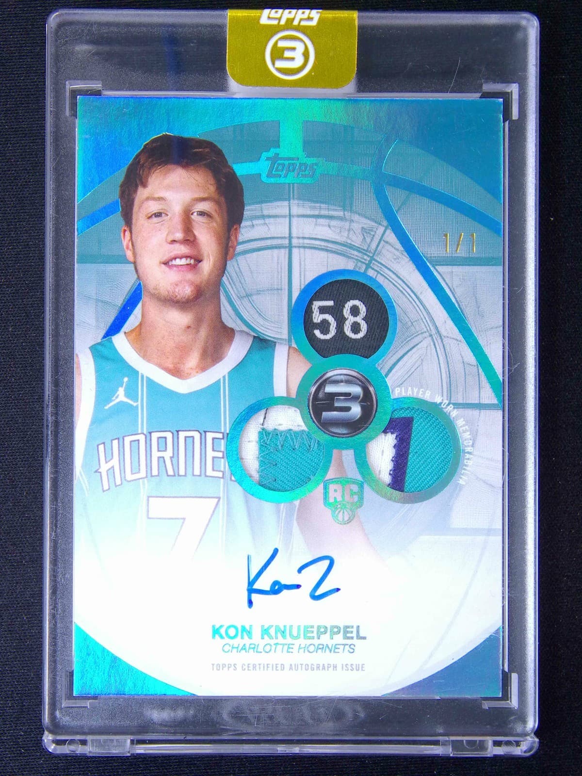 One Of One 1/1 2025-26 Topps Three (3) Kon Knueppel RC 3 Patch Auto RPA Platinum