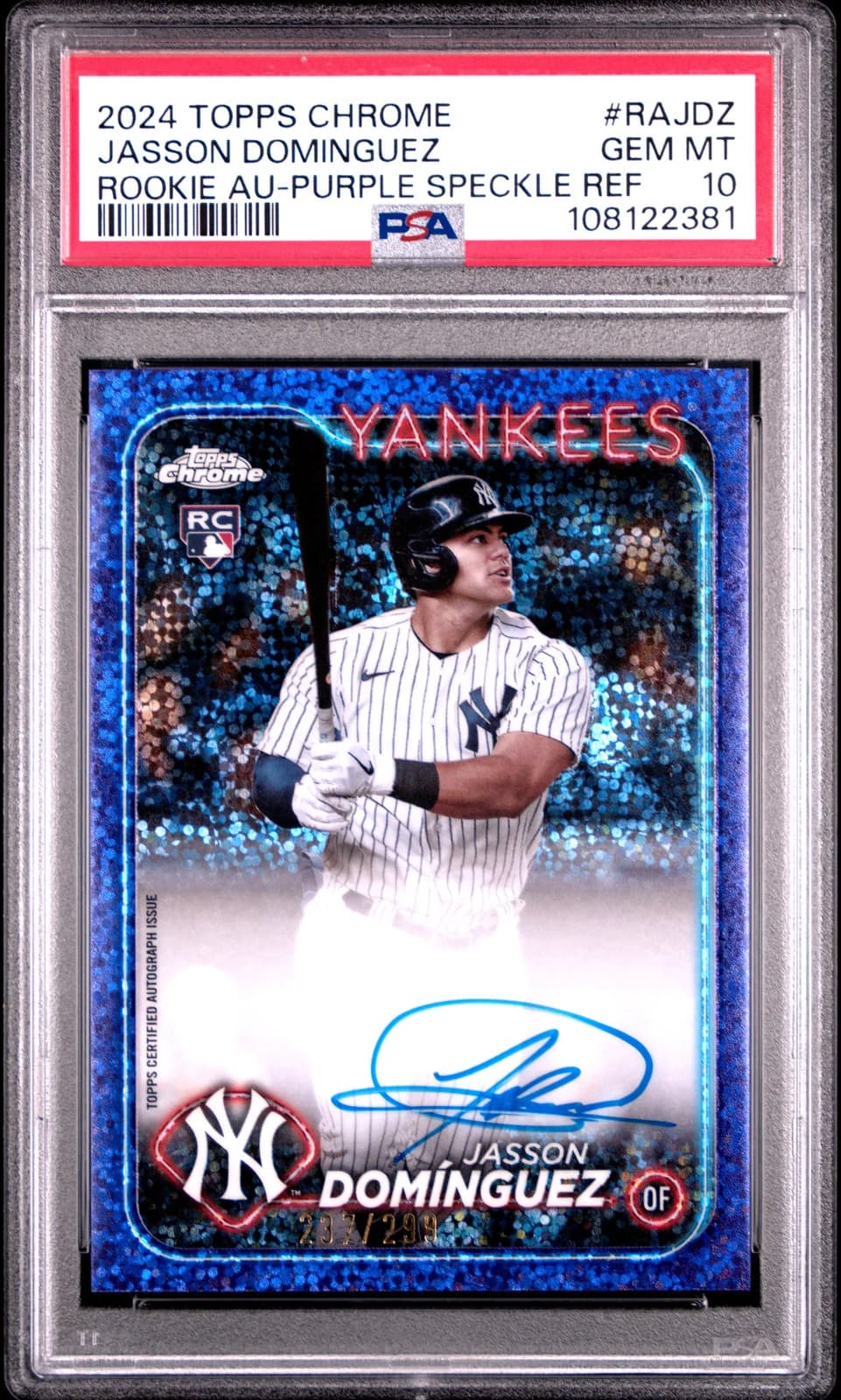 2024 Topps Chrome Rookie Jasson Dominguez #RAJDZ Purple Speckle 237/299 PSA 10