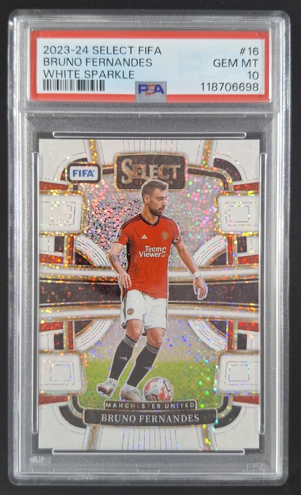 2023-24 Panini Select FIFA BRUNO FERNANDES White Sparkle SSP Terrace #16 PSA 10