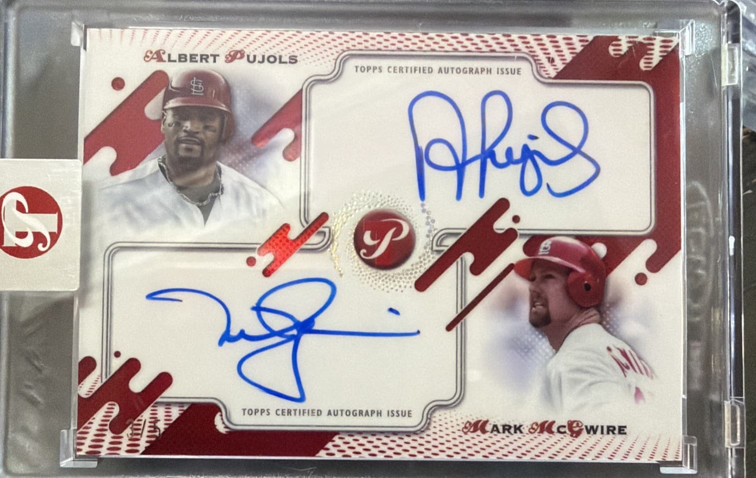 2025 Topps Pristine Dual AUTO Albert Pujols Mark McGwire Red 3/5 #PPDA-AP