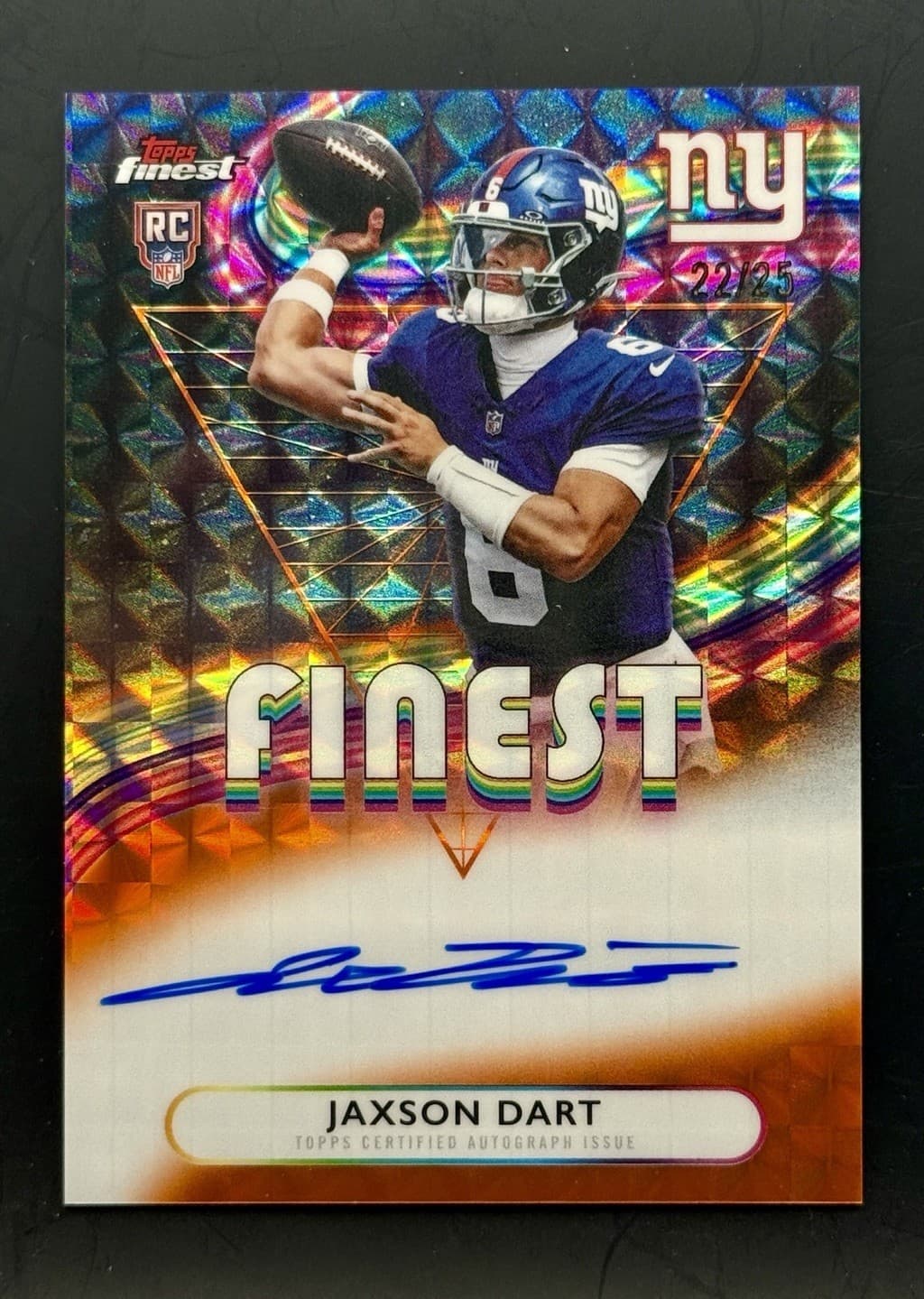 2025 Topps Finest Football Jaxson Dart Rookie Auto Orange Geometric /25 Giants