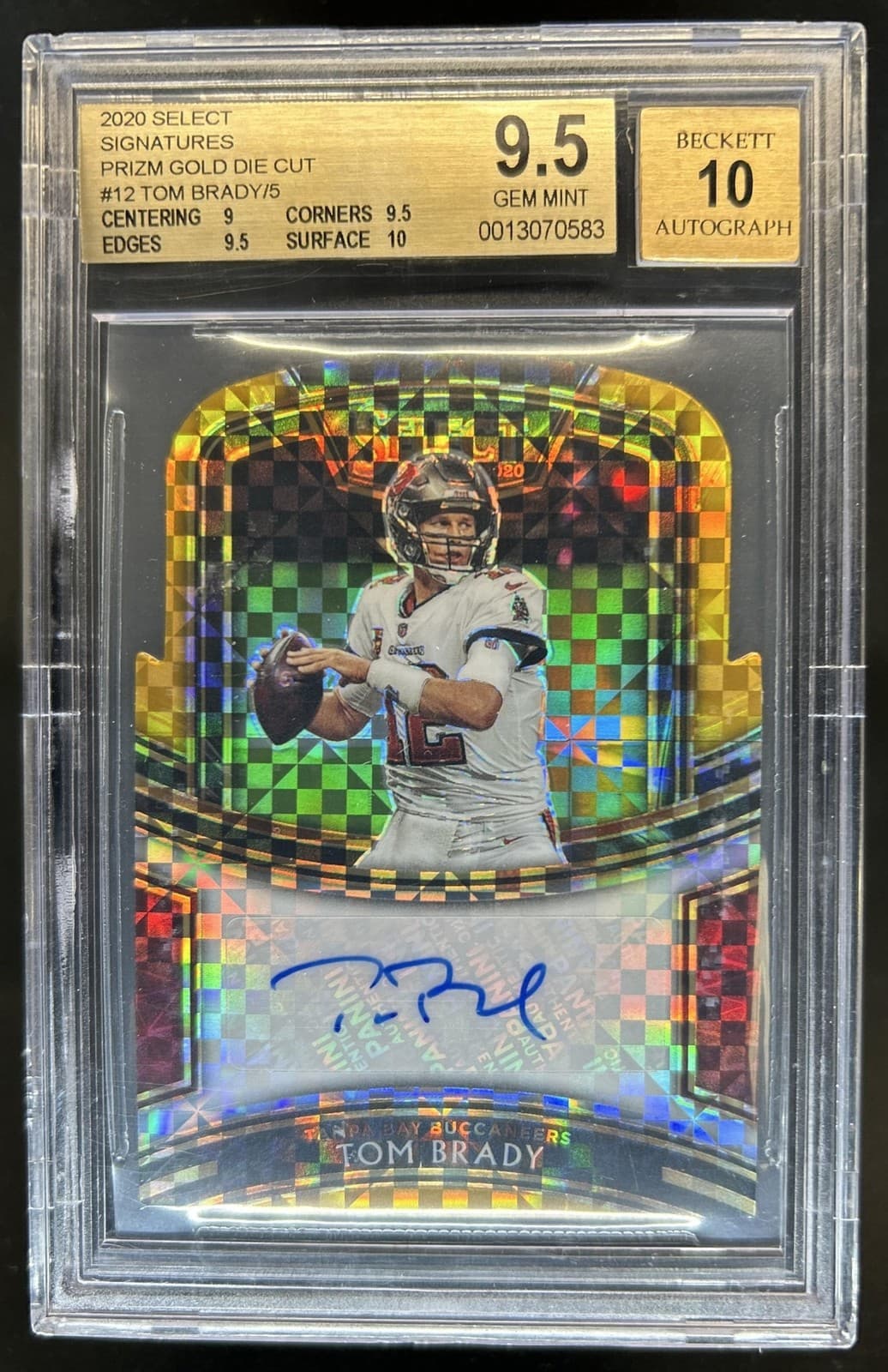 2020 Panini Select Tom Brady Signatures Gold Prizm Die Cut Auto #/5 BGS 9.5/10