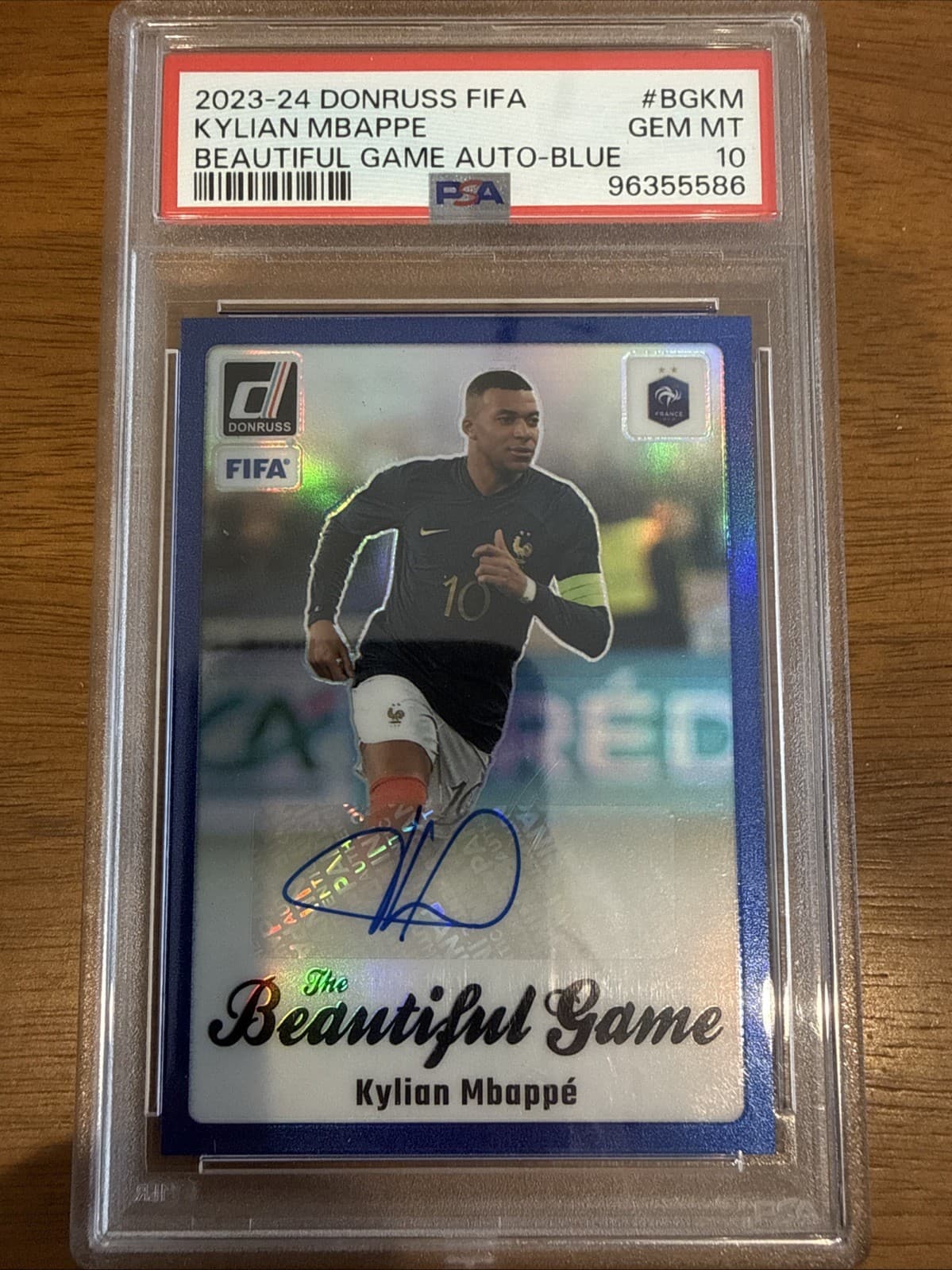2023-24 Donruss FIFA Kylian Mbappe Beautiful Game Auto Blue 12/99 PSA GEM MT 10