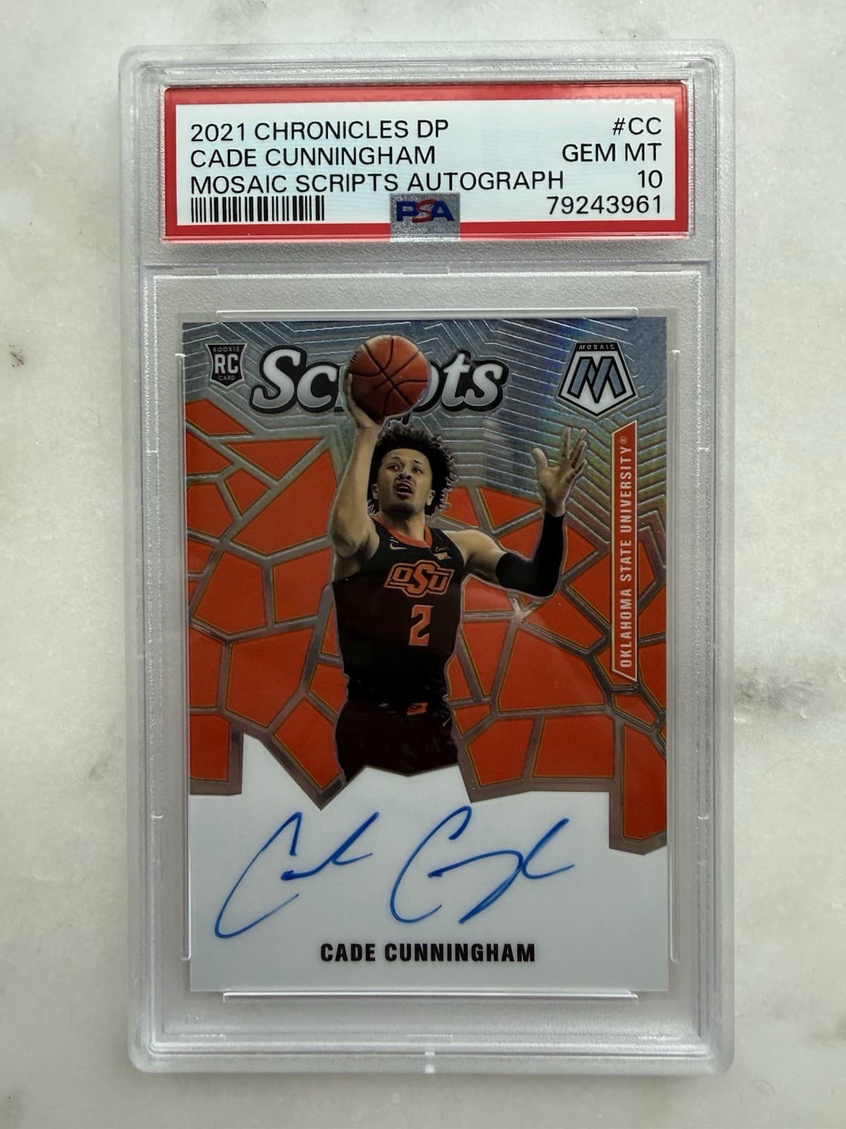 2021-22 Panini Mosaic Rookie Scripts Cade Cunningham On Card /99 Auto PSA 10