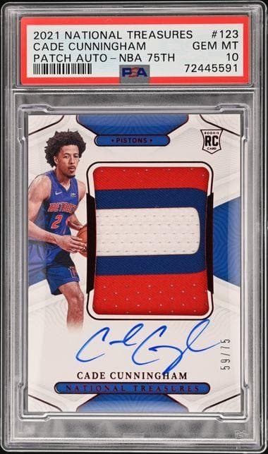 2021 National Treasures Cade Cunningham NBA 75th Rookie Patch Auto /75 PSA 10