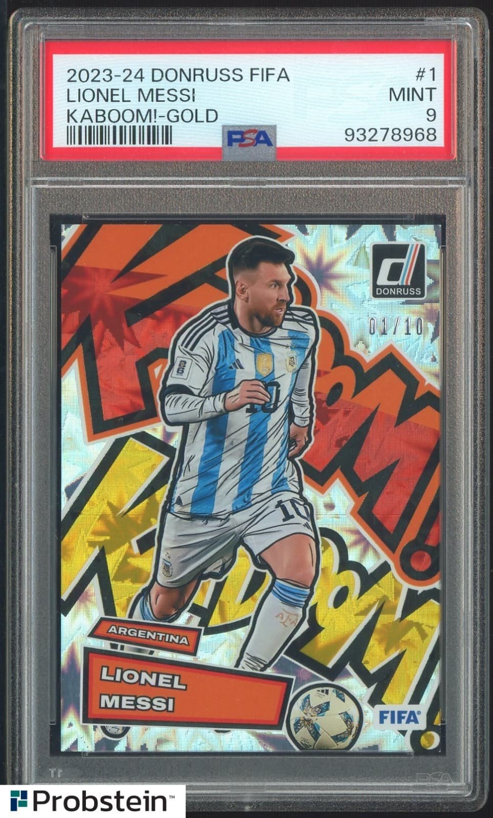 2023-24 Donruss Fifa Soccer KABOOM! Gold #1 Lionel Messi Argentina 1/10 PSA 9