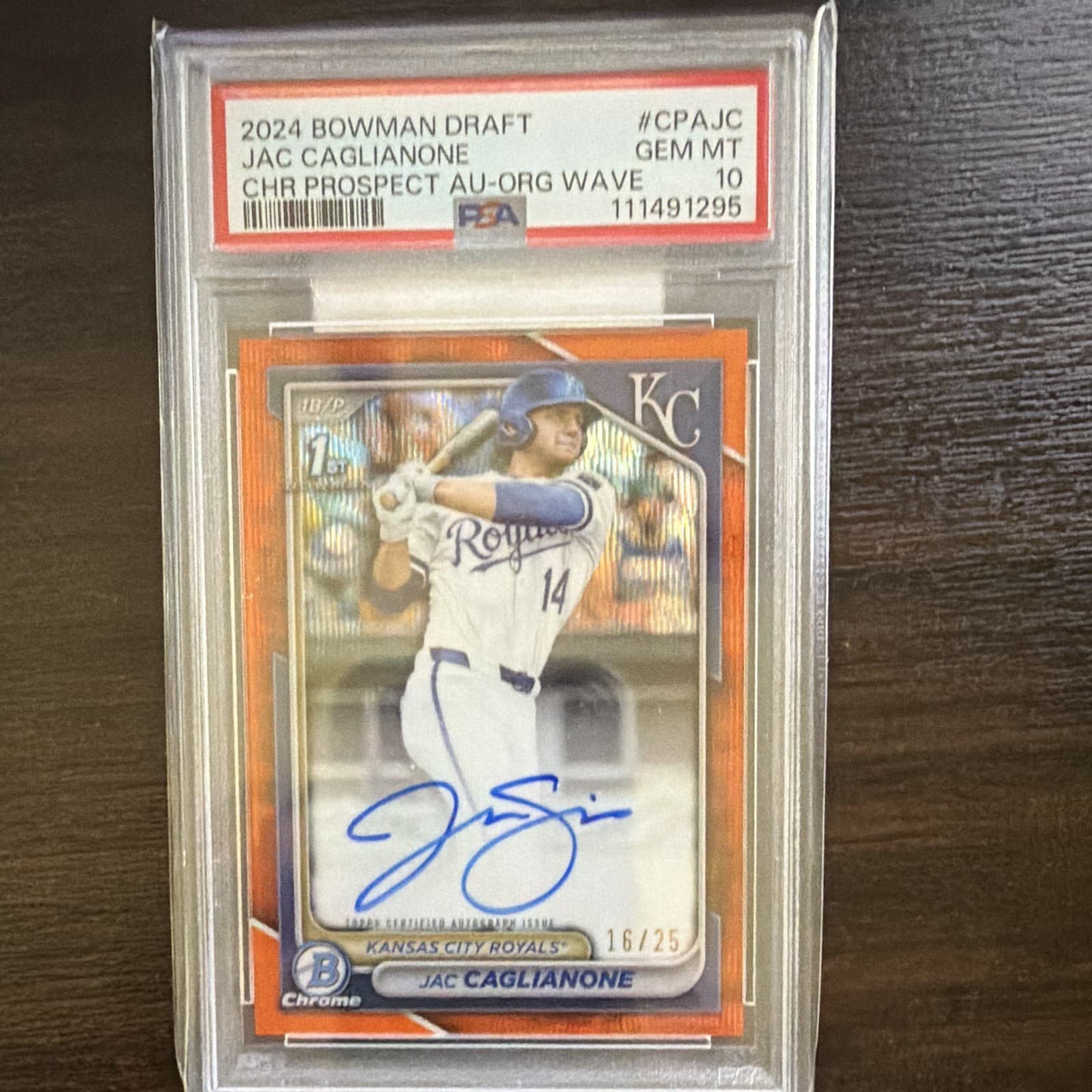 Topps 2024 Bowman Draft Jac Caglianone CPA-JC Orange Wave /25 Auto RC PSA 10