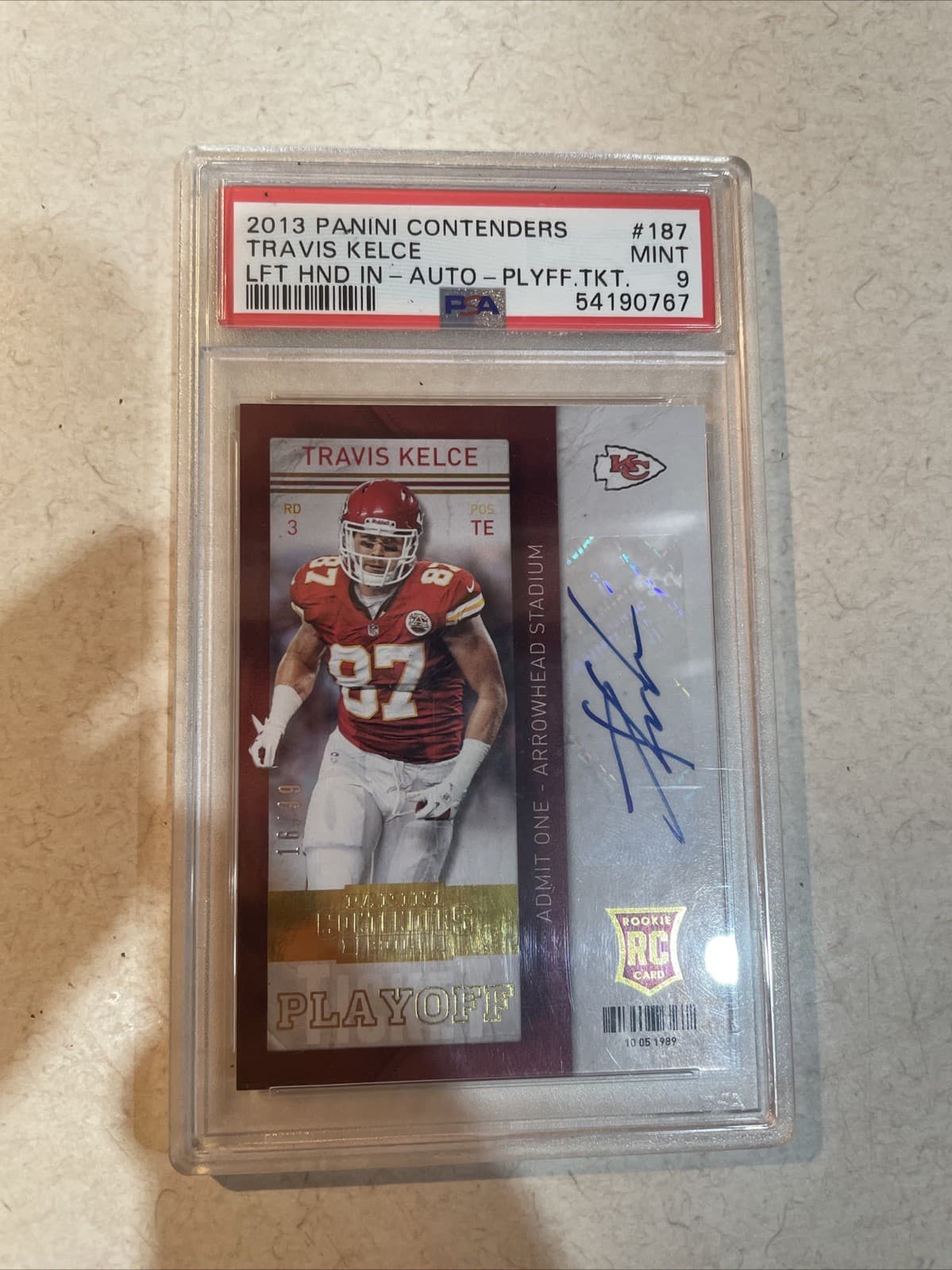 2013 Panini Contenders Rookie Ticket #187 /99 Travis Kelce Auto PSA 9 LeftHandIn
