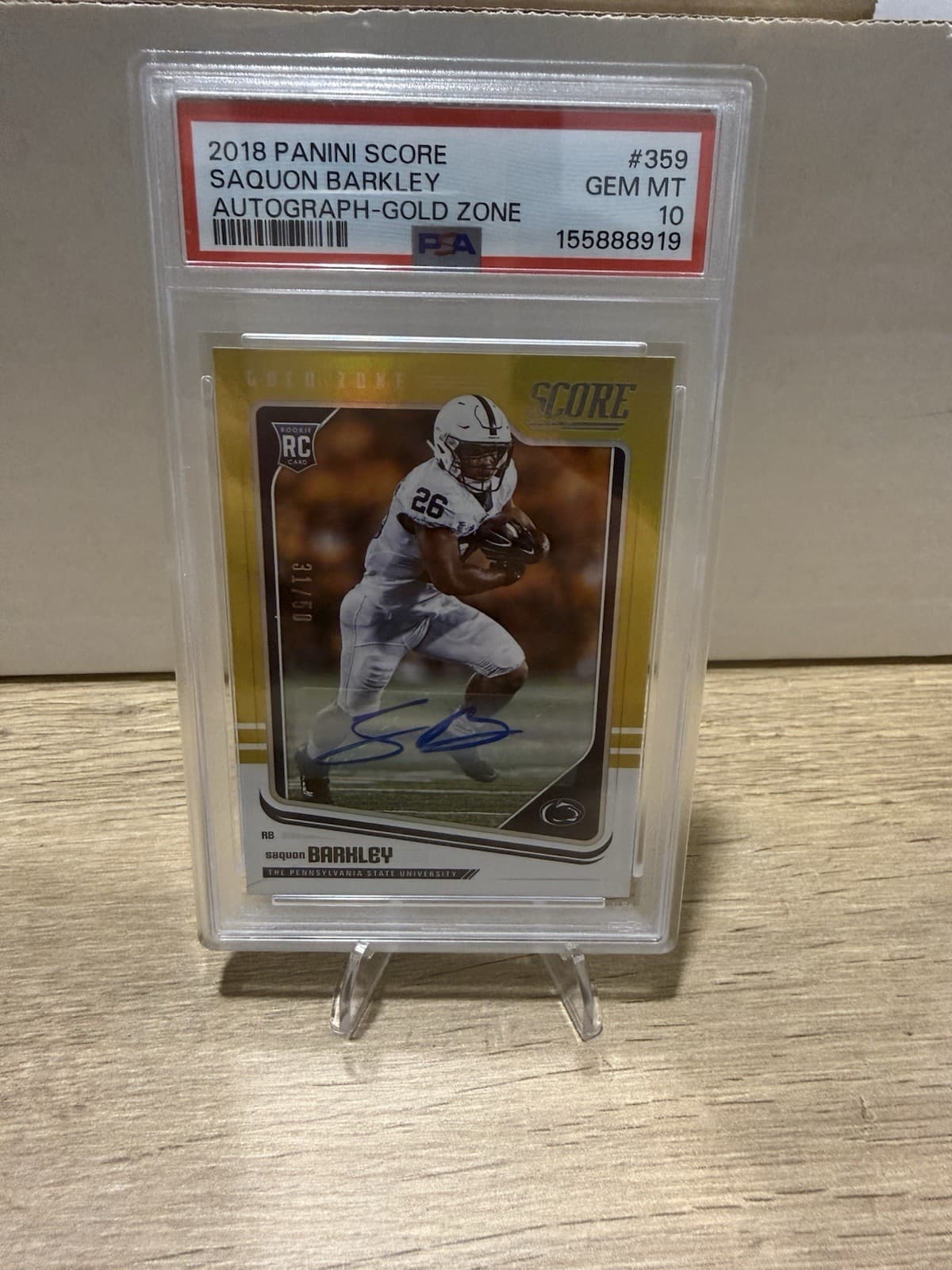 2018 Panini Score Rookies Saquon Barkley #359 Gold Zone Auto /50 RC PSA 10
