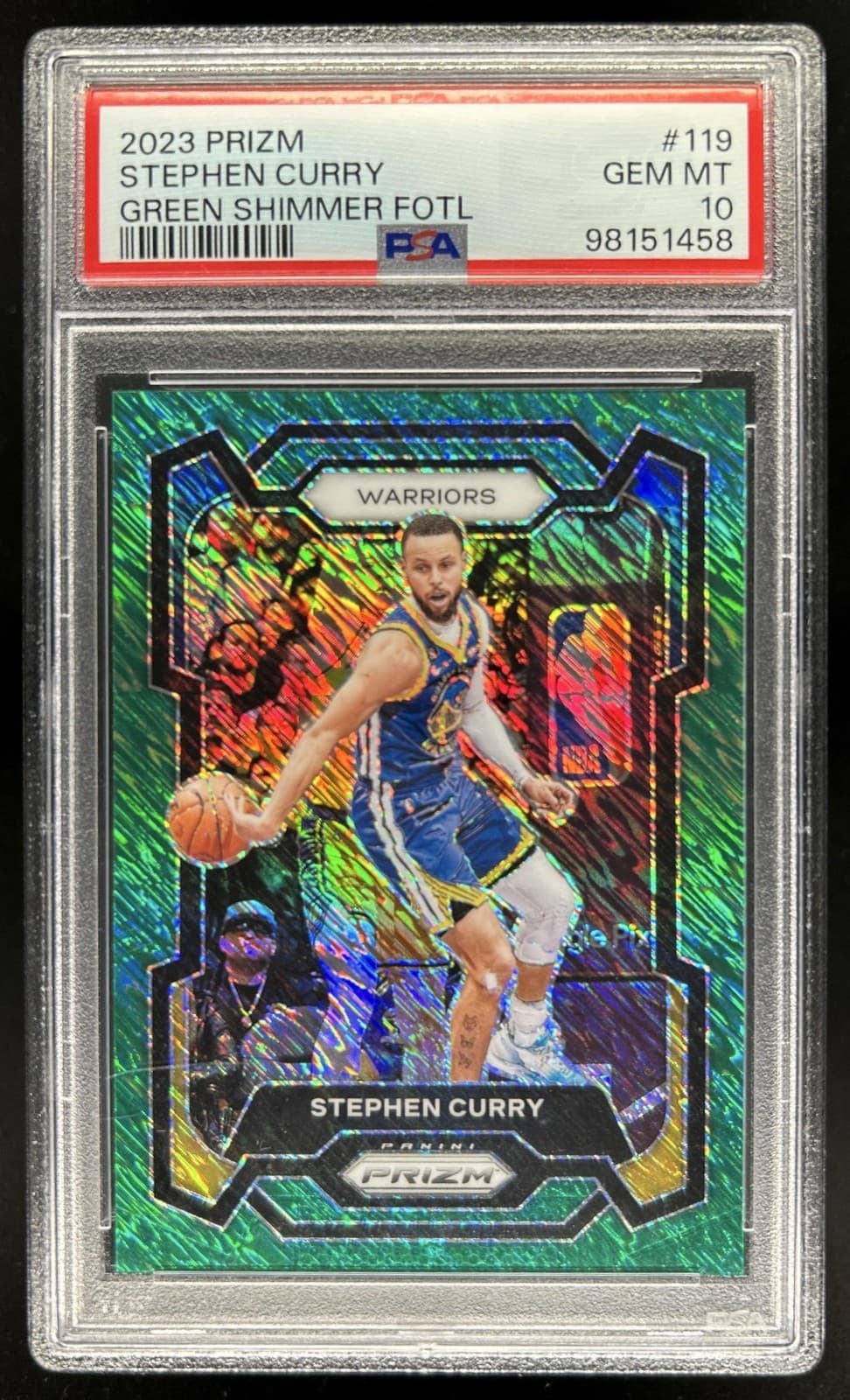 2023-24 Panini Prizm Stephen Curry Prizm Green Shimmer FOTL #/5 Warriors PSA 10