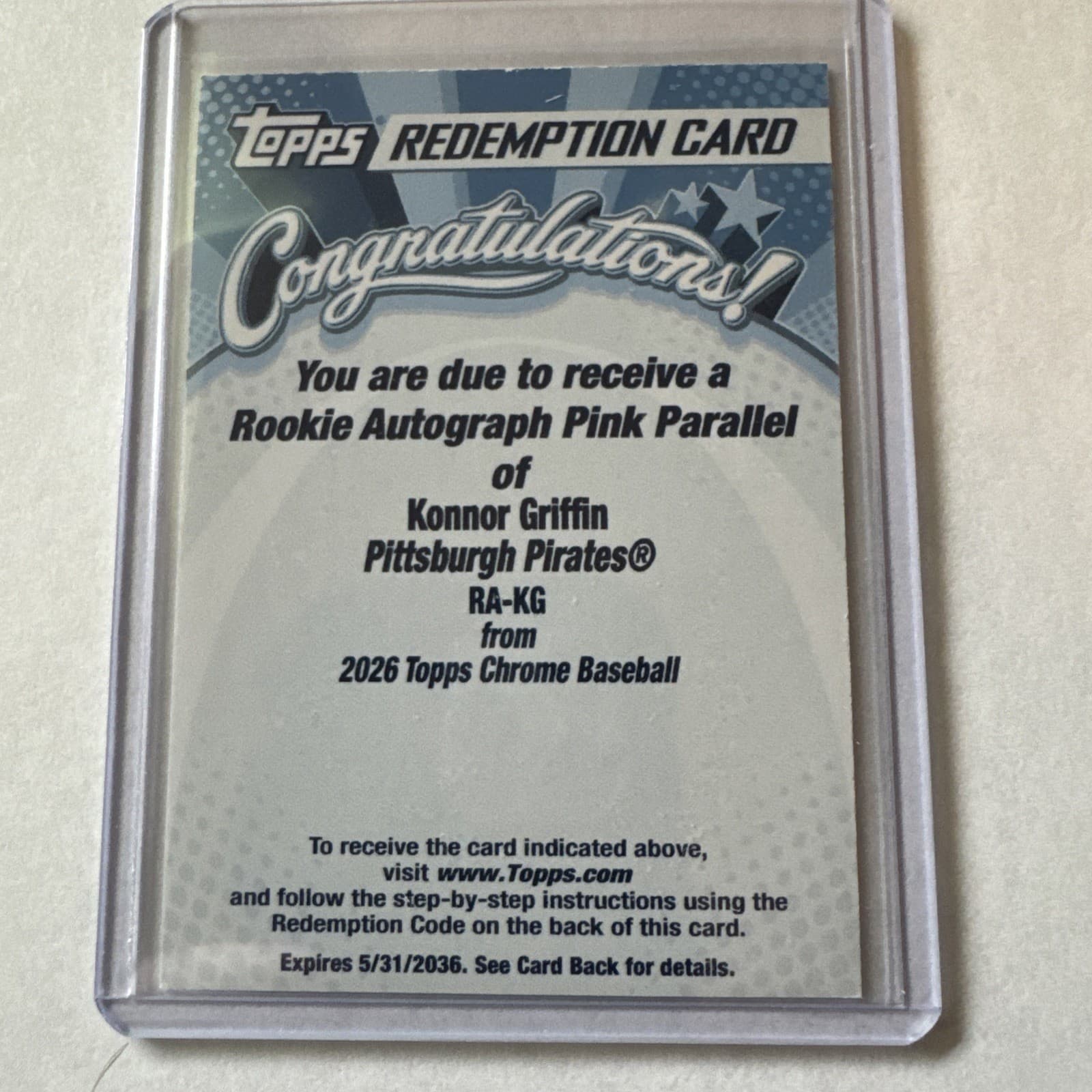 Topps Chrome 2026 Konnor Griffin Pirates Rookie Auto Pink Parallel RA-KG