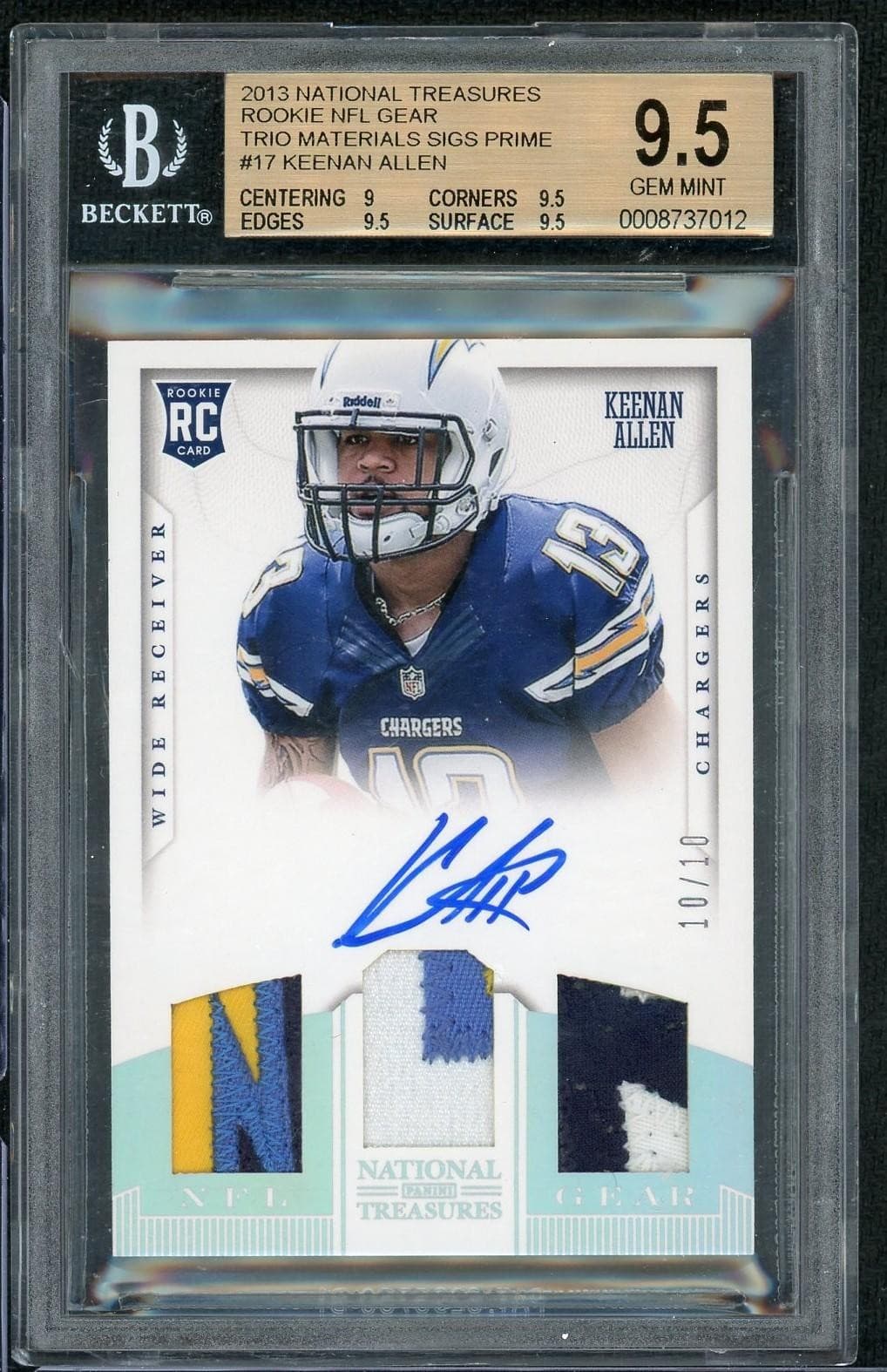 2013 Panini National Treasures Keenan Allen Rookie NFL Gear Patch Auto /10 BGS 9