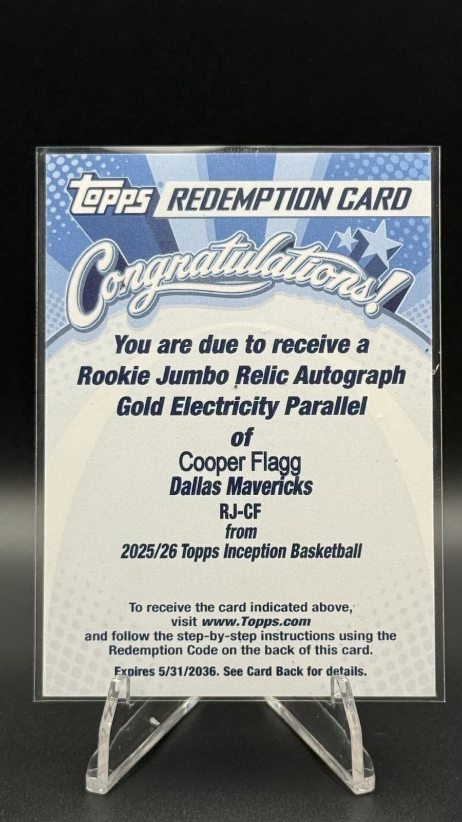 Topps Inception Cooper Flagg Jumbo Patch Auto RC Gold Electricity /50 REDEEMED