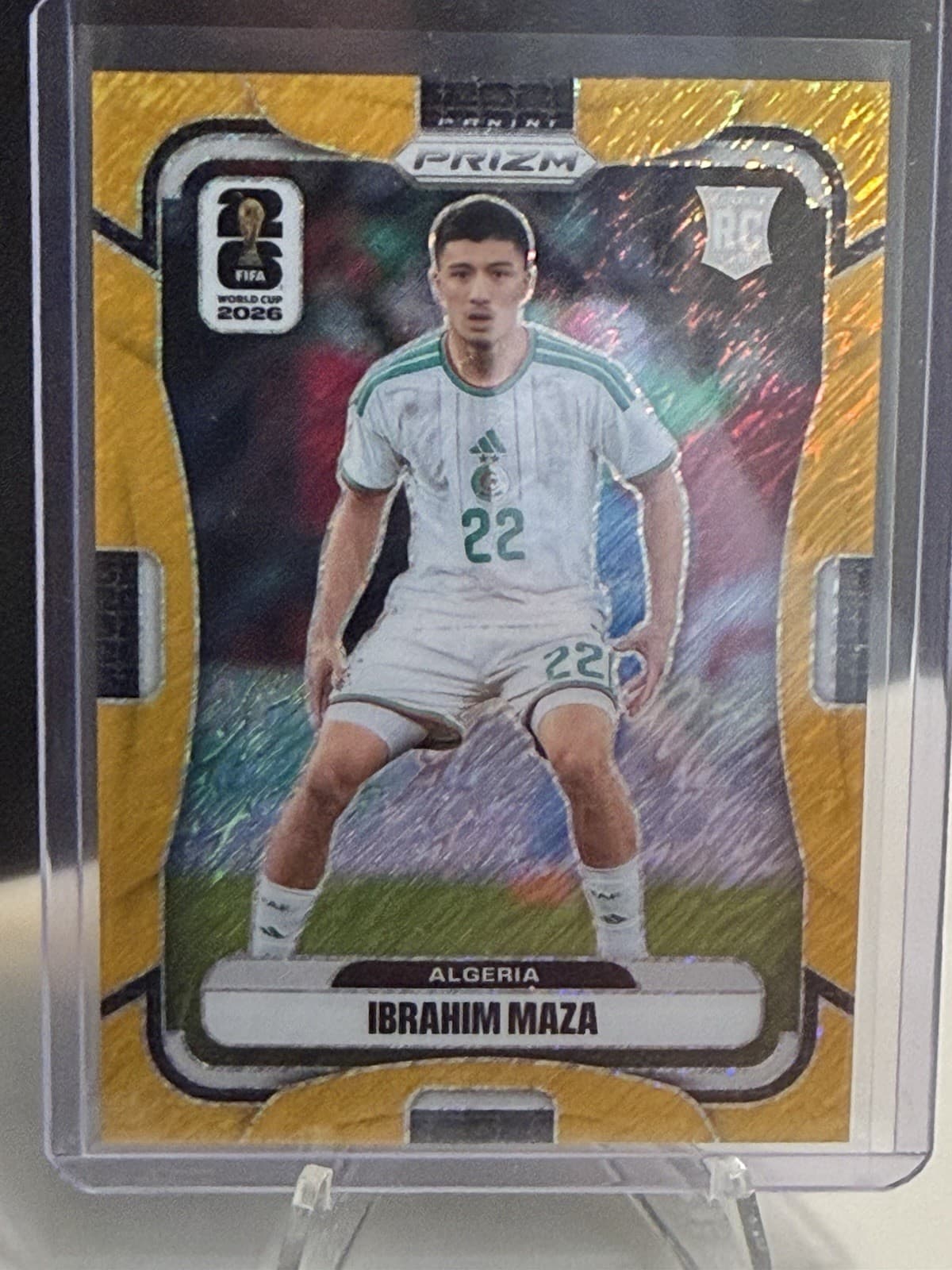 2026 Panini Prizm FIFA World Cup Ibrahim Maza 5/5 Gold Shimmer RC #128 Algeria