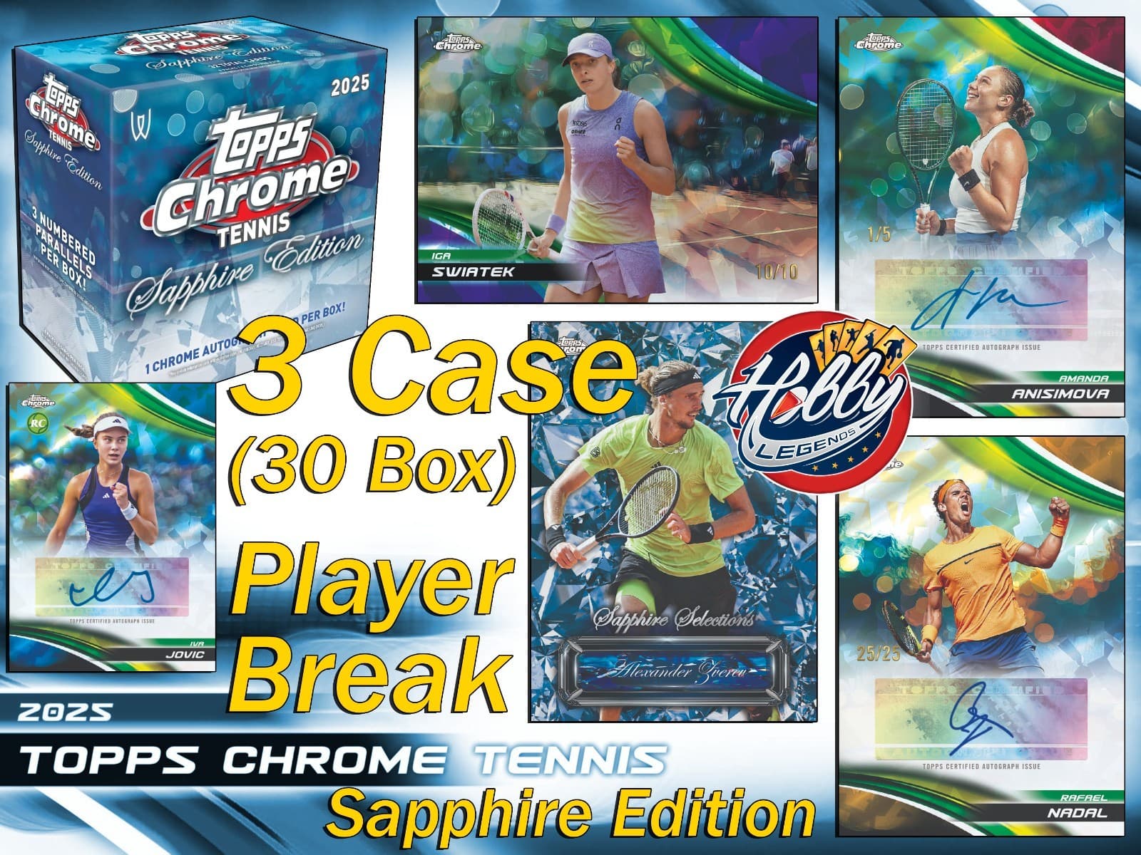 Carlos Alcaraz 2025 Topps CHROME TENNIS SAPPHIRE 3 Case (30Box) PLAYER Break#1