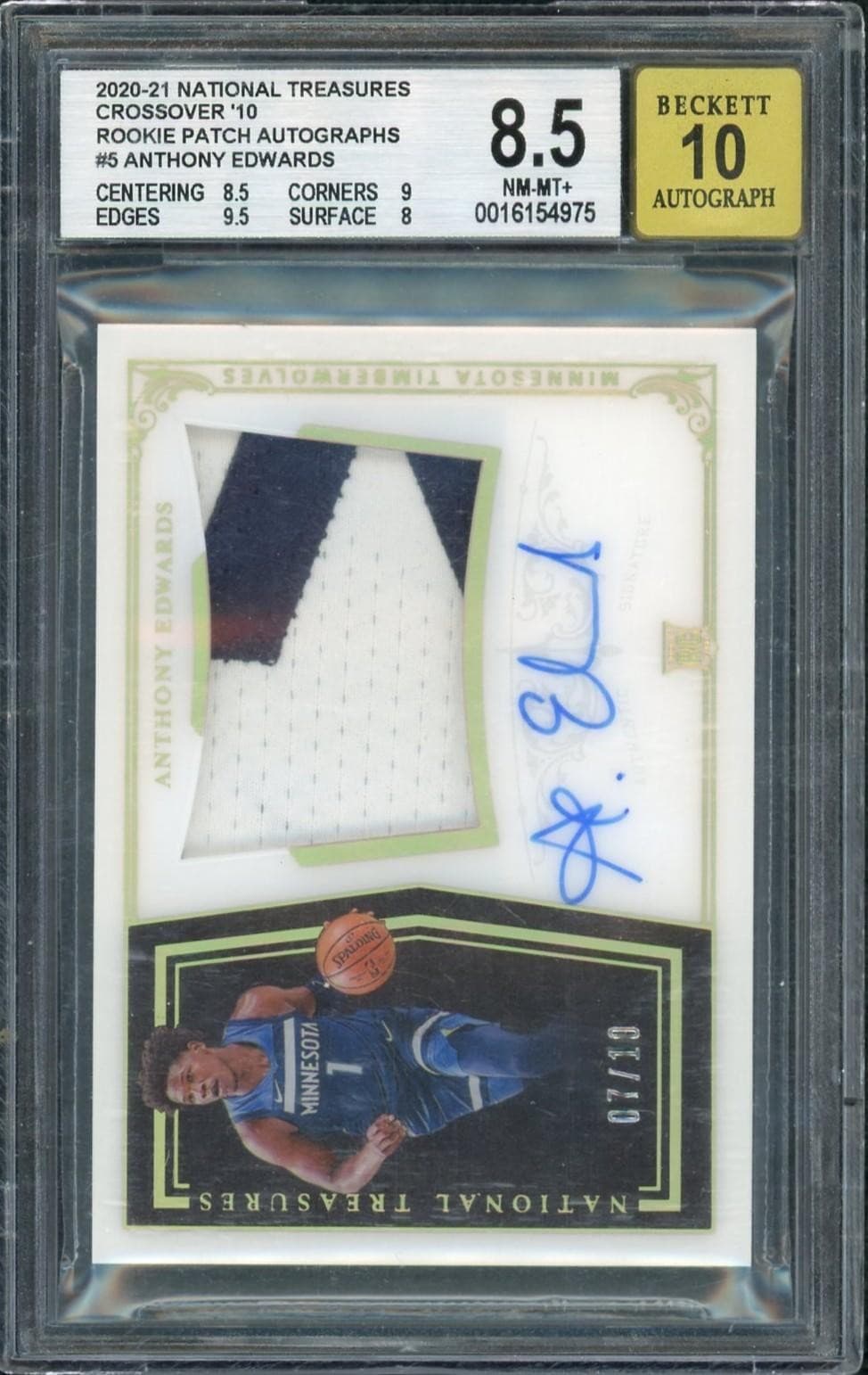 2020-21 Panini National Treasures Anthony Edwards '10 Crossover RPA /10 BGS 8.5