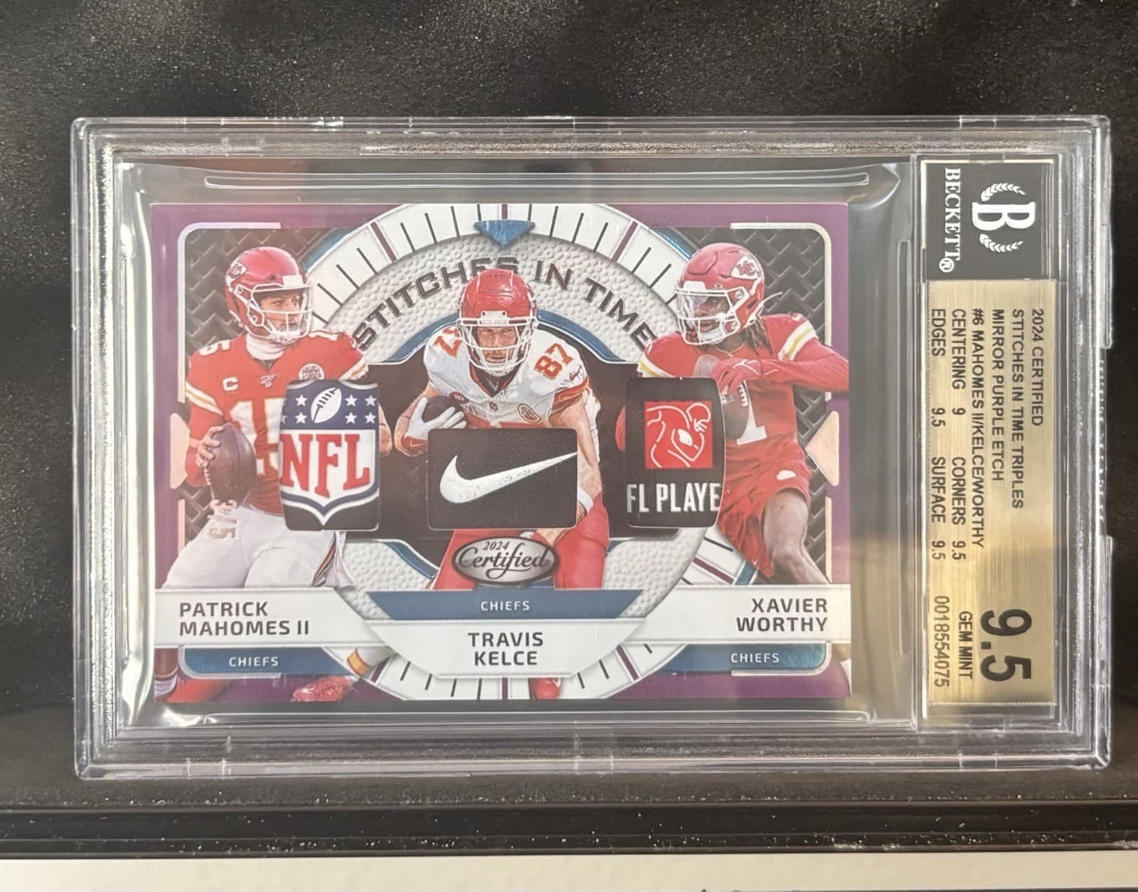 2024 Panini Certified Triples Mirror Purple Mahomes Kelce Worthy /5 BGS 9.5 Gem