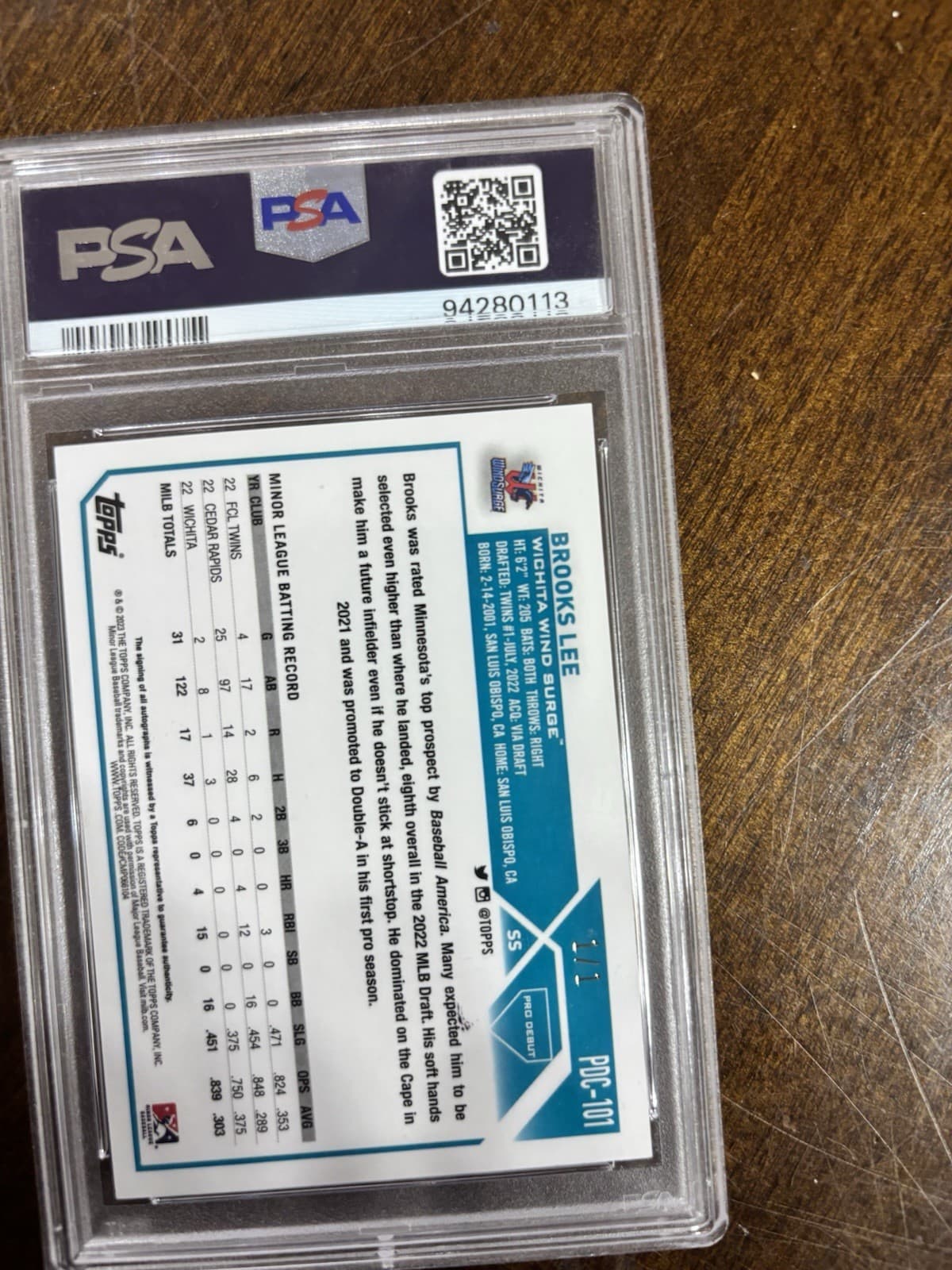2023 Topps Pro Debut Brooks Lee PDC-101 PSA 9 Superfractor Auto 1/1 Wichita