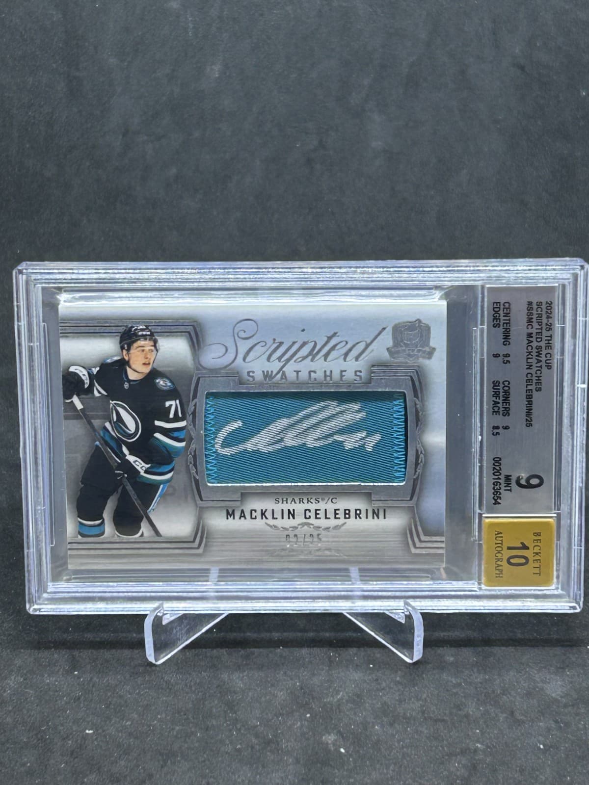 2024-25 UD The Cup Macklin Celebrini Rookie Scripted Swatches Auto /25 BGS 9