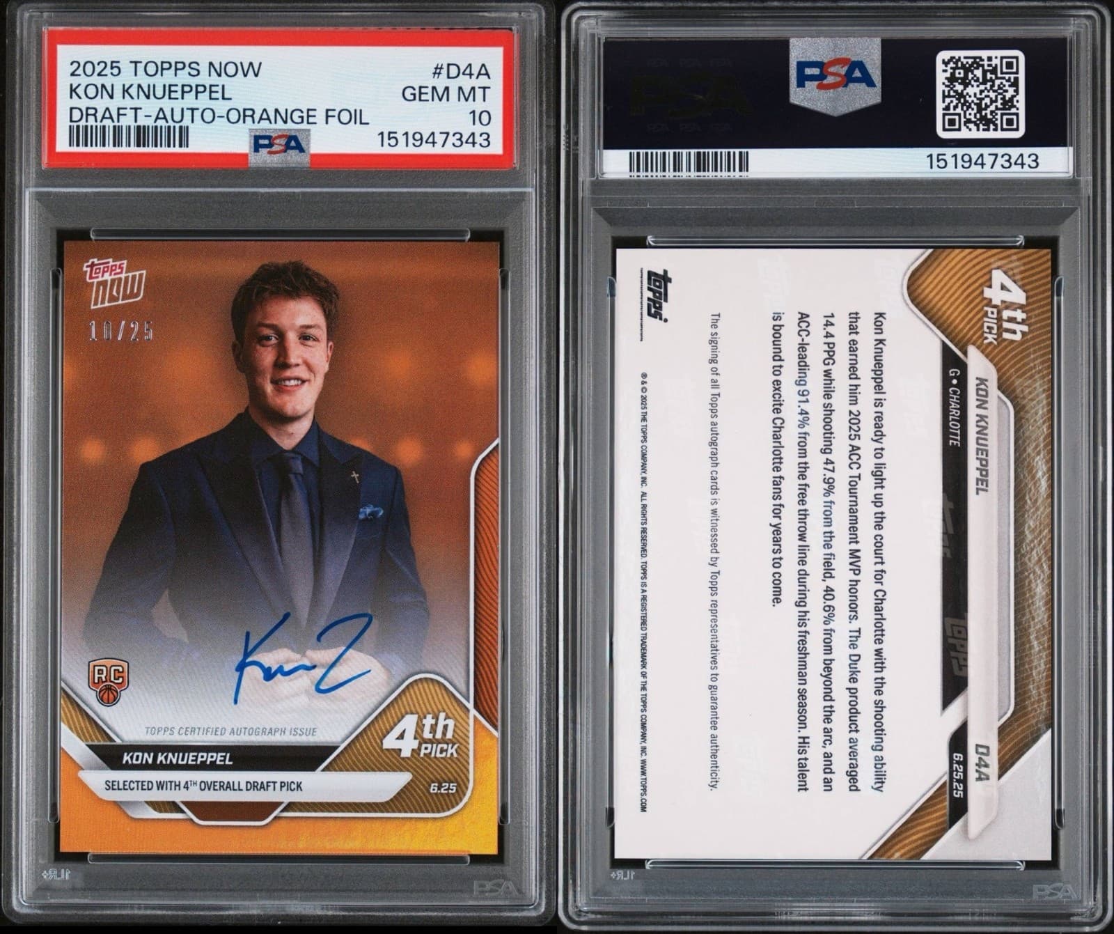 2025 TOPPS NOW KON KNUEPPEL DRAFT-AUTO-ORANGE FOIL /25 PSA10
