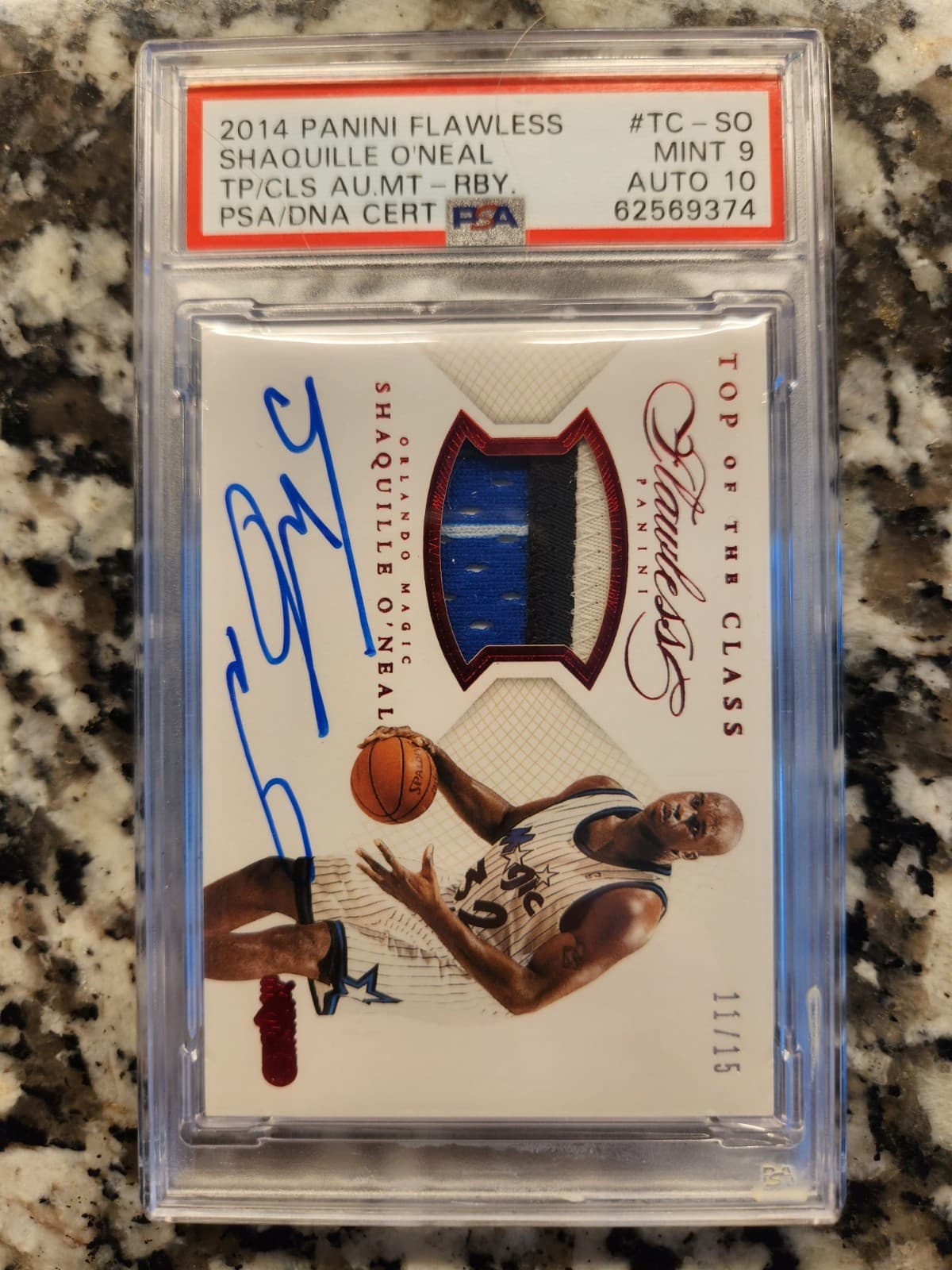 2014 Panini Flawless Shaquille O'Neal Top of Class Auto Patch PSA 9 RUBY#11/15