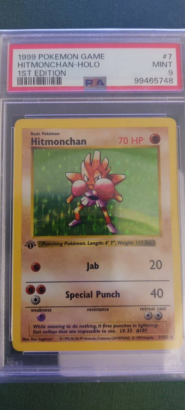 PSA 9 MINT Hitmonchan 1st Edition Base Set Shadowless Holo Pokemon Card #7