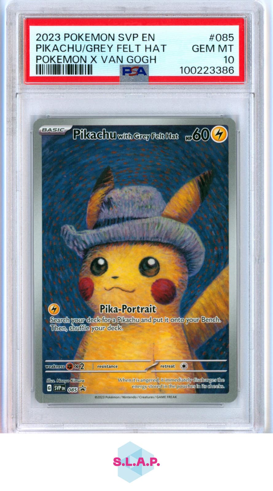 PIKACHU/GREY FELT HAT POKEMON X VAN GOGH SVP EN-SV BLCK STR PRM 2023 085 PSA 10