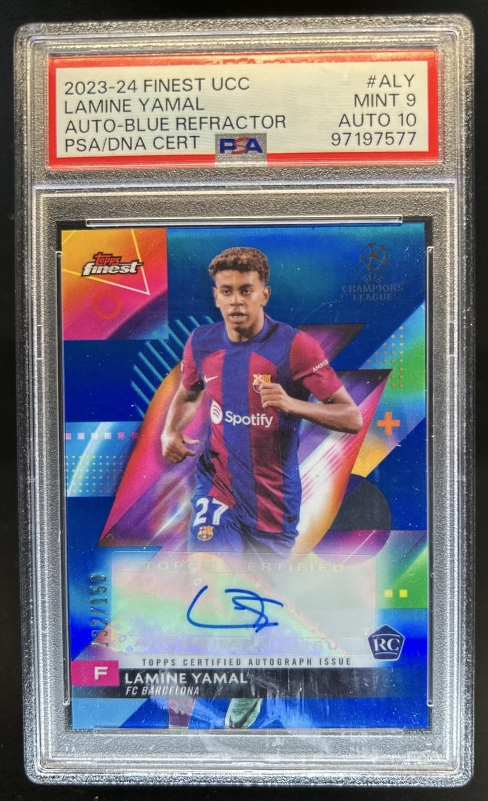 2023-24 Topps Finest UEFA Lamine Yamal Auto RC Blue #/150 Barcelona PSA 9