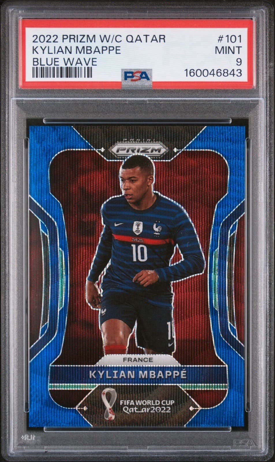 2022 PANINI PRIZM WORLD CUP QATAR KYLIAN MBAPPE BLUE WAVE /199 PSA 9