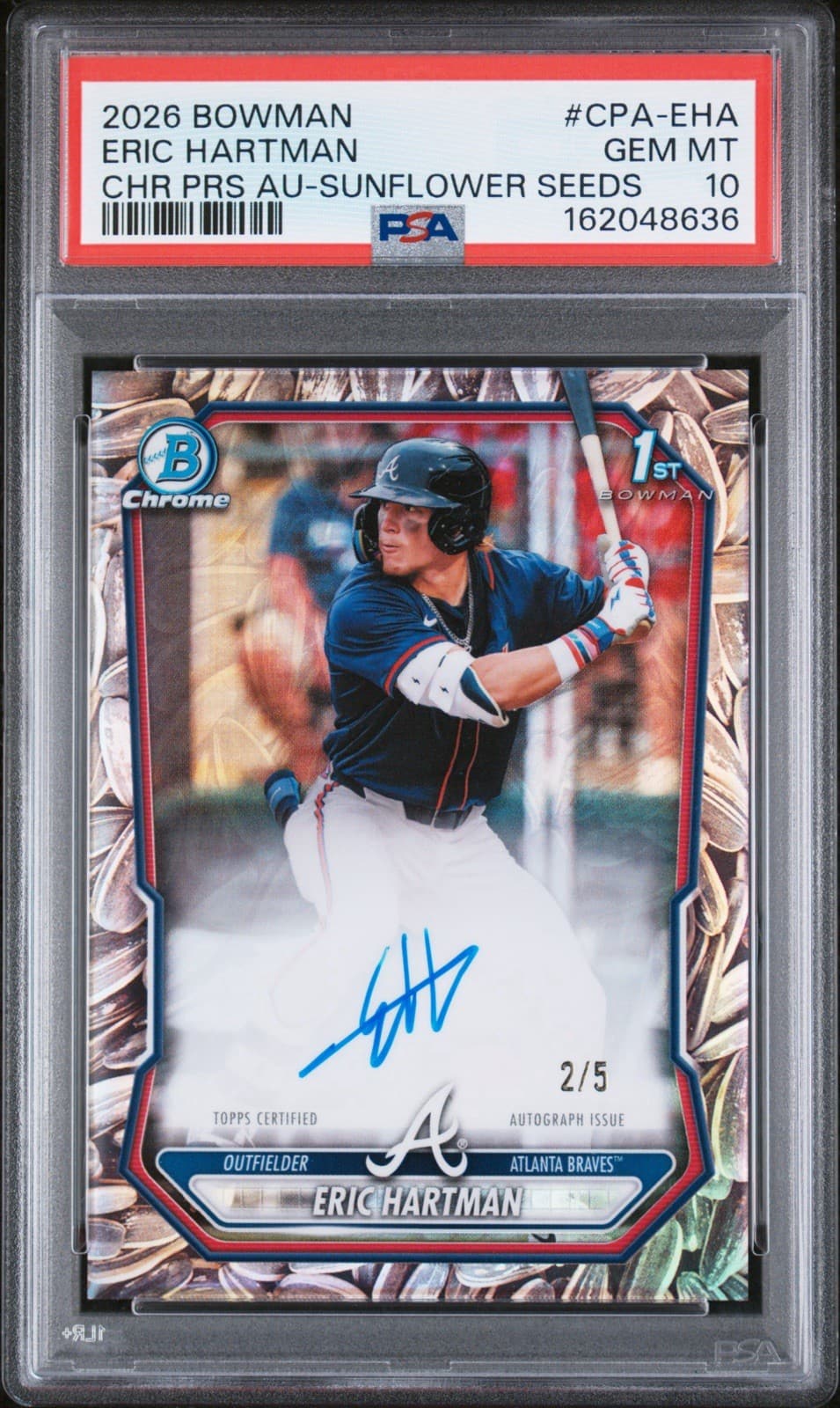 2026 Bowman Chrome Eric Hartman Snack Pack Sunflower Seeds 1st Auto /5 PSA 10