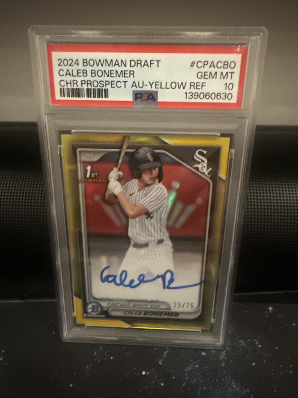 2024 Bowman Draft Chrome Prospect Auto Caleb Bonemer Yellow Refractor PSA 10