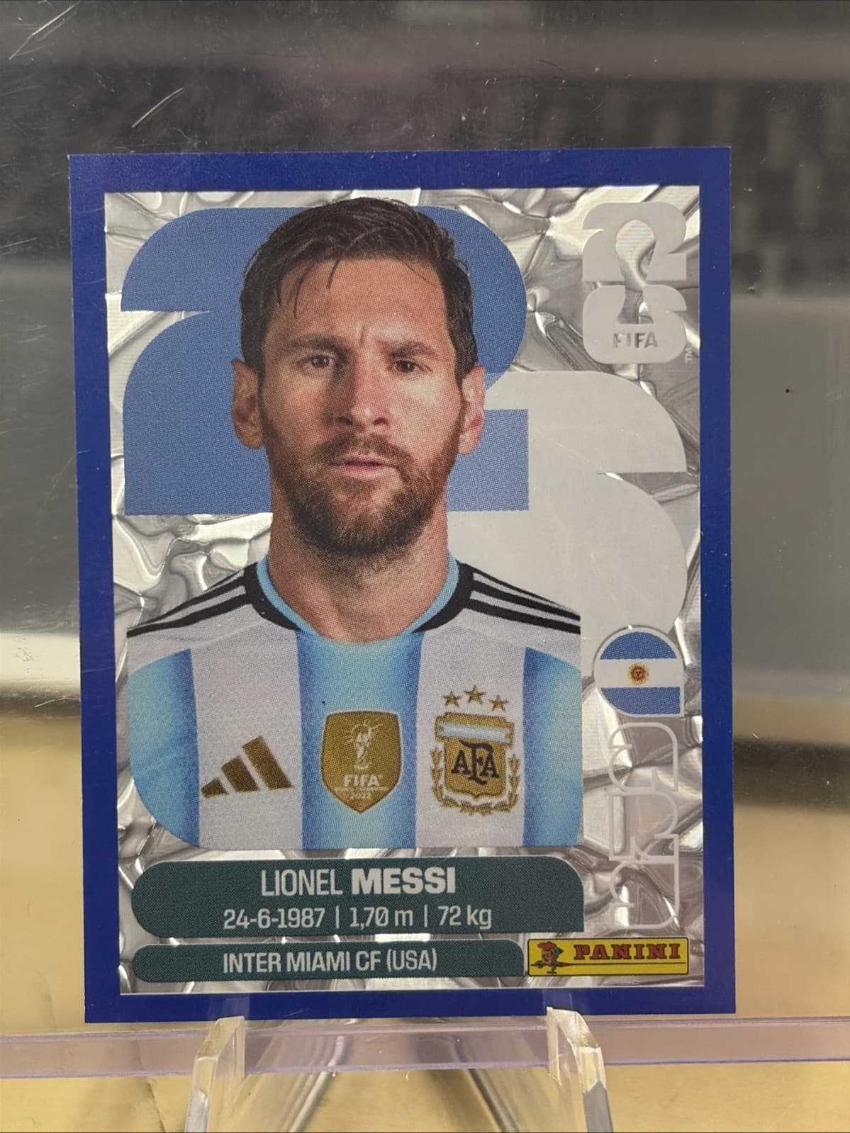 Panini World Cup 2026 Silver Crumple Blue Parallel Messi ARG 17 Sticker