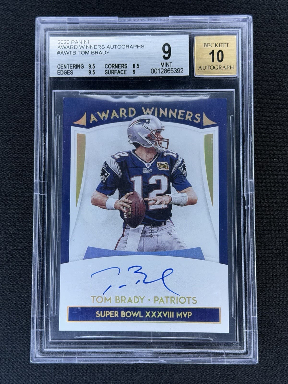 2020 Panini Tom Brady Auto Award Winners Patriots Super Bowl XXXVIII MVP BGS 9