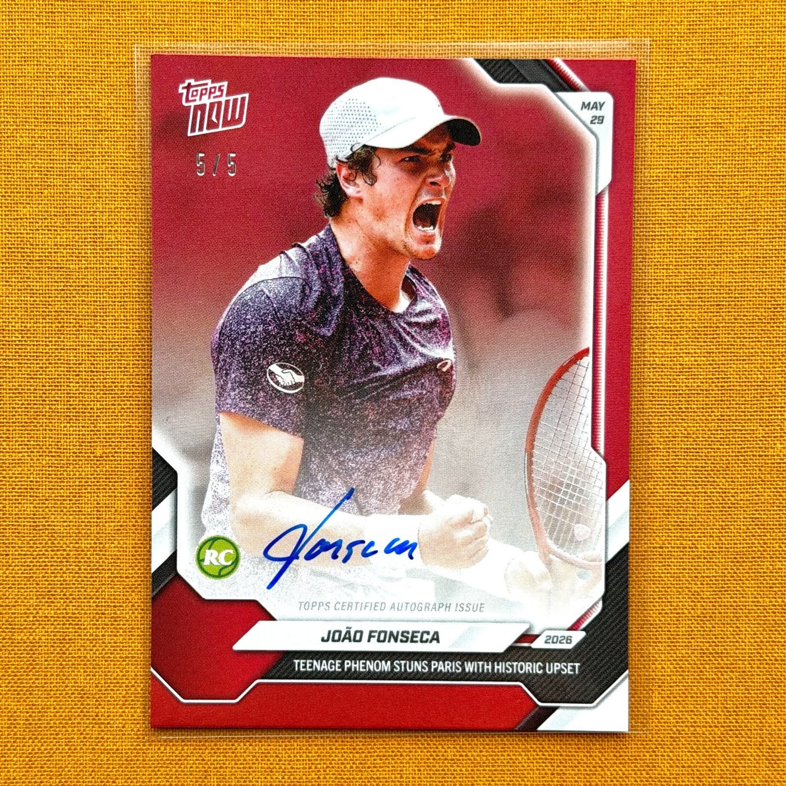 2026 Topps Now Joao Fonseca French Open Djokivic RED AUTOGRAPH (#'d 5/5) Rookie