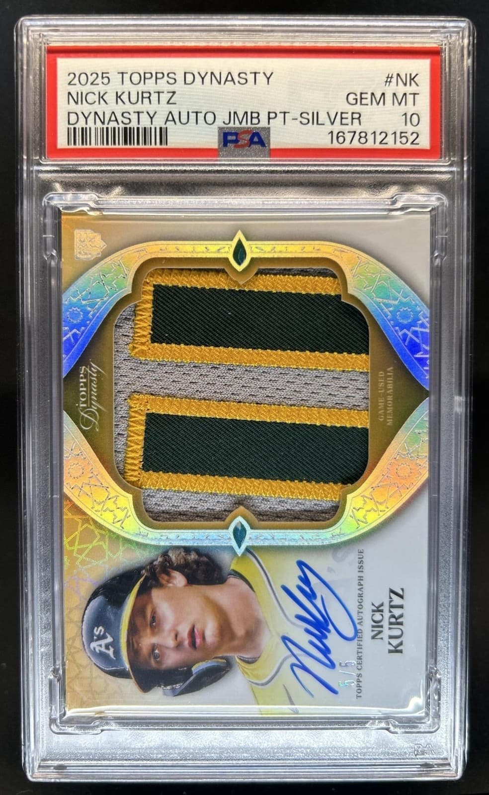2025 Topps Dynasty Nick Kurtz Auto Jumbo Patch Silver RC #/5 Athletics PSA 10