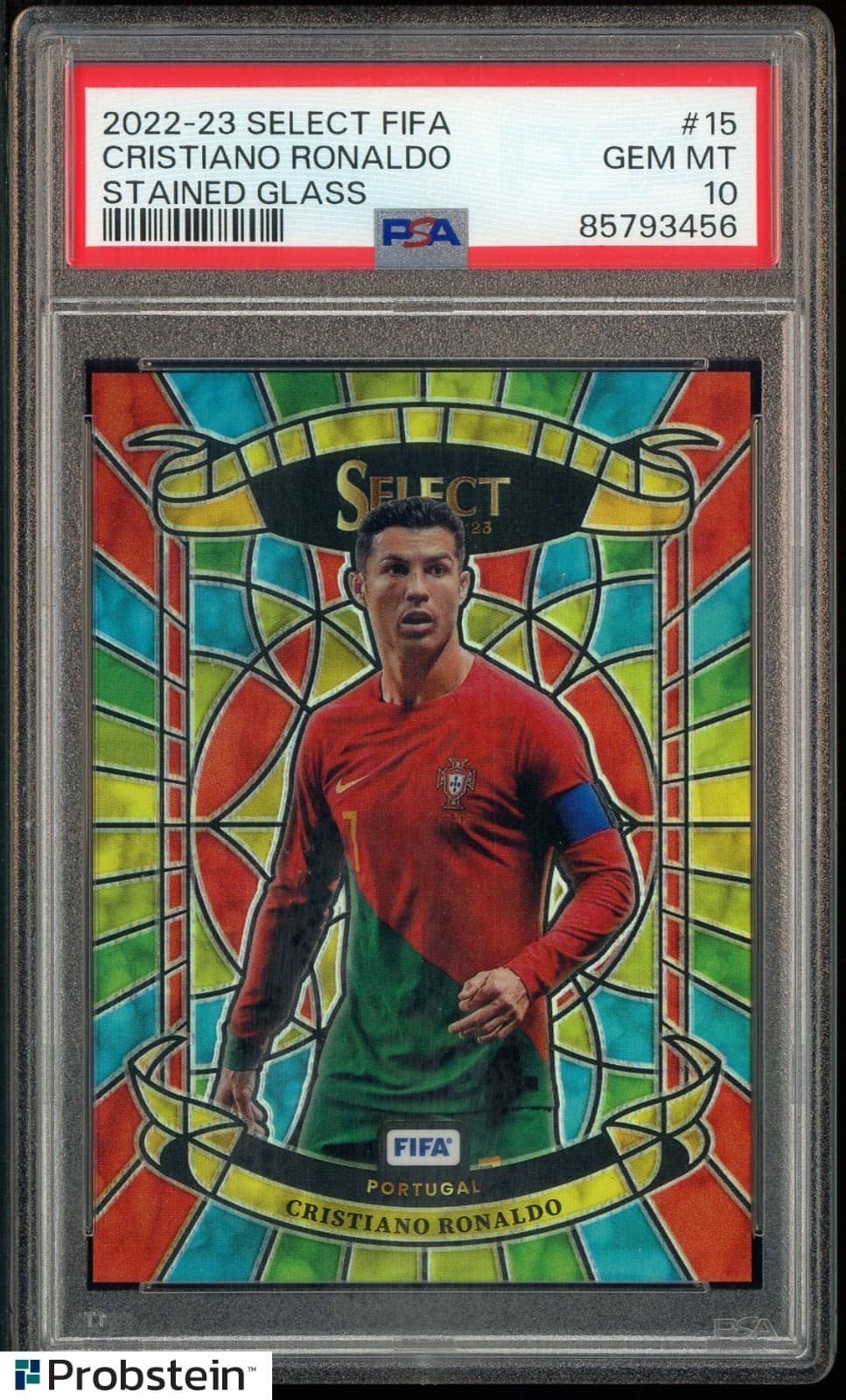 2022-23 Select FIFA Soccer Stained Glass #15 Cristiano Ronaldo SSP PSA 10