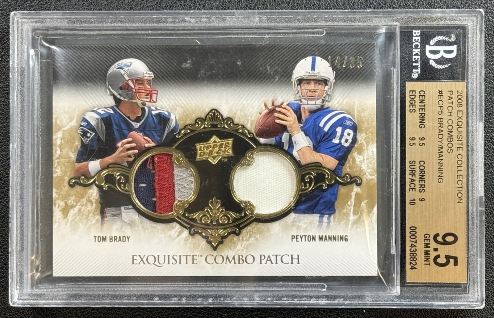 TOM BRADY PEYTON MANNING BGS 9.5 2008 EXQUISITE DUAL GAME-WORN PATCH COMBOS /35
