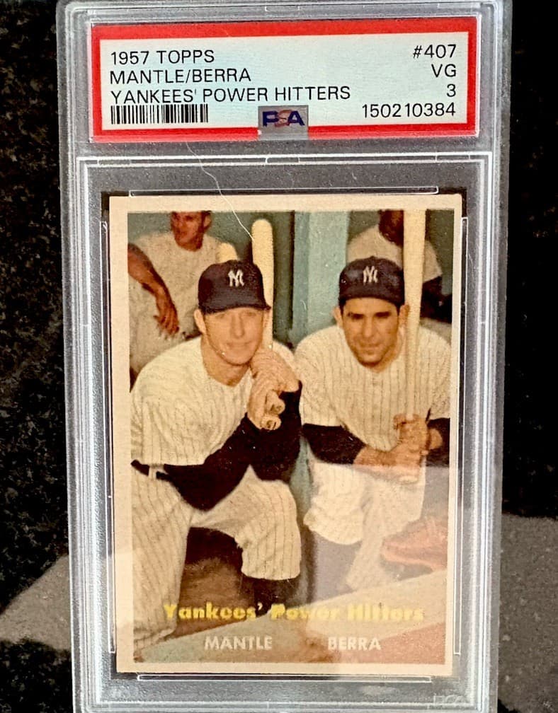 1957 Topps Yankees Power Hitters Mantle Berra #407 Vintage Baseball Card Rare