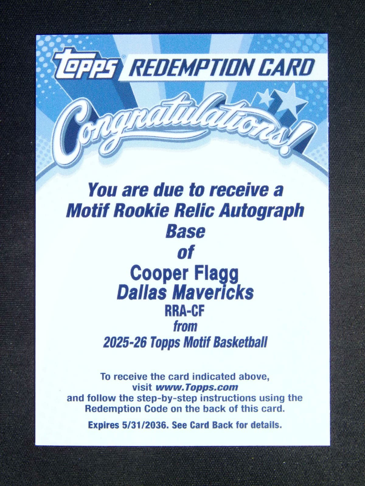 2025-26 Topps Motif Cooper Flagg #RRA-CF RC Rookie Auto Relic Jersey Patch /99